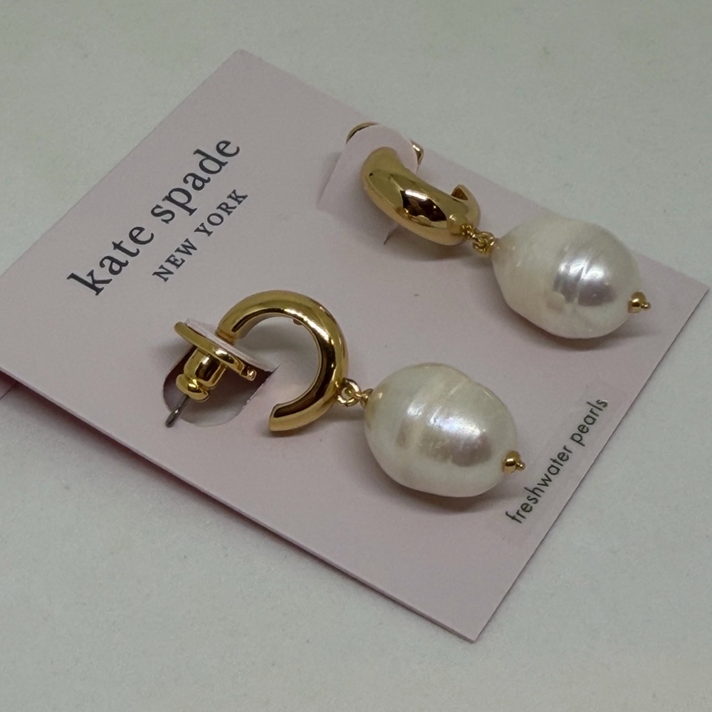 NEW Kate Spade Candy Drops Earrings Freshwater Pearl Drop Huggies Gold Dust Bag - Picture 4 of 5